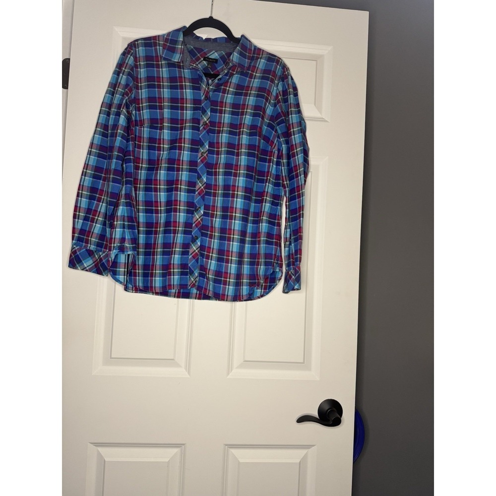 Talbots Button Up Plaid Flannel Shirt Large Teal Fuscia Violet Olive White